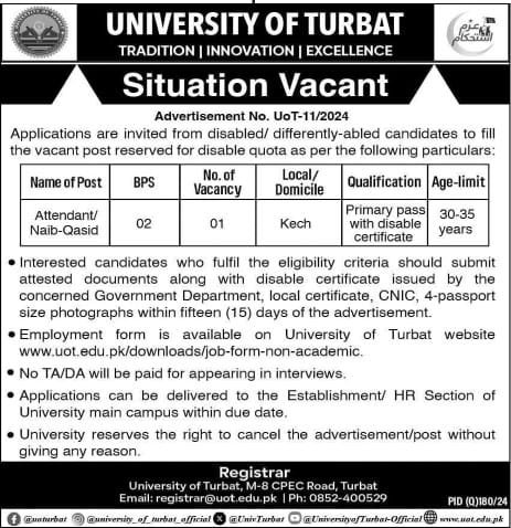 University of Turbat Balochistan Jobs 2024 Jobs 2024 — original advertisement