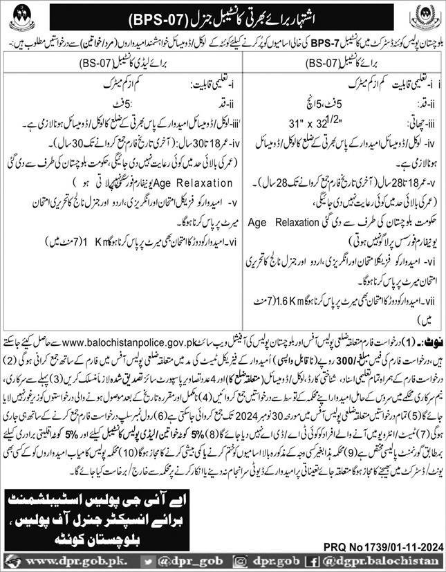 Balochistan Police Quetta Jobs 2024 – Balochistan Police Department Jobs 2024 — original advertisement