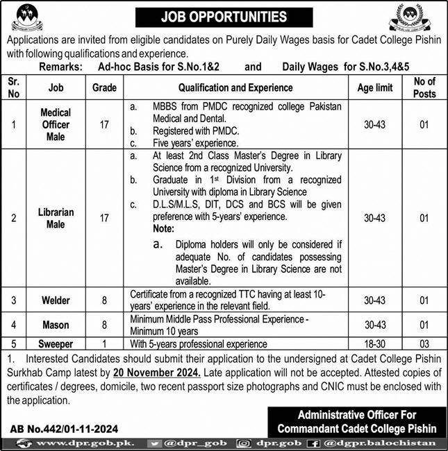 Cadet College Pishin Balochistan Jobs 2024 Jobs 2024 — original advertisement