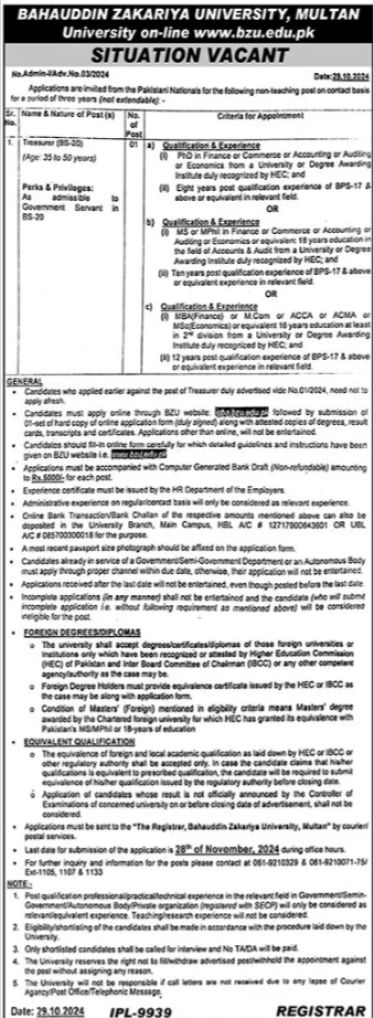 Bahauddin Zakariya University Multan BZU Jobs 2024 Jobs 2024 — original advertisement