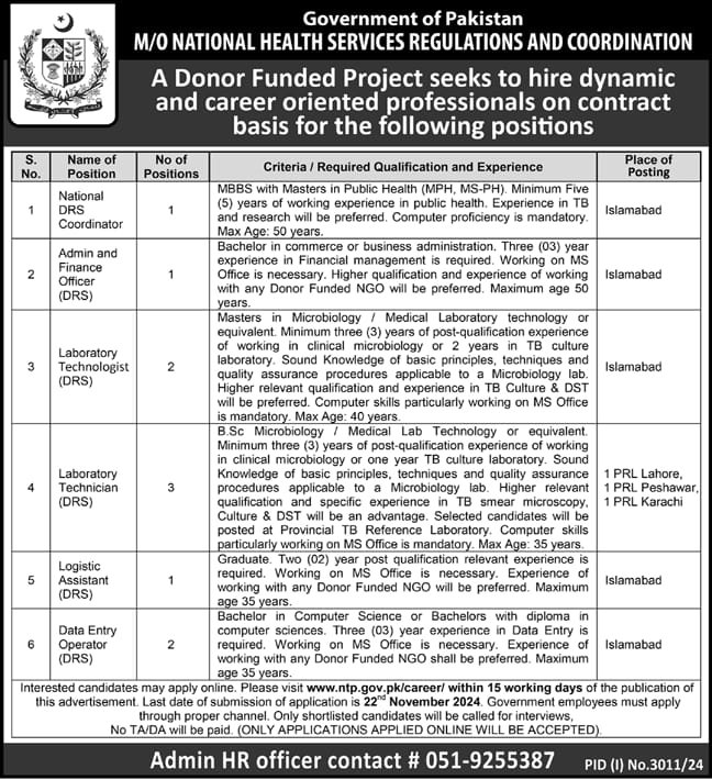 Ministry Of National Health Services Islamabad Jobs 2024 – Ministry of National Health Services Regulation and Coordination Jobs 2024 — original advertisement