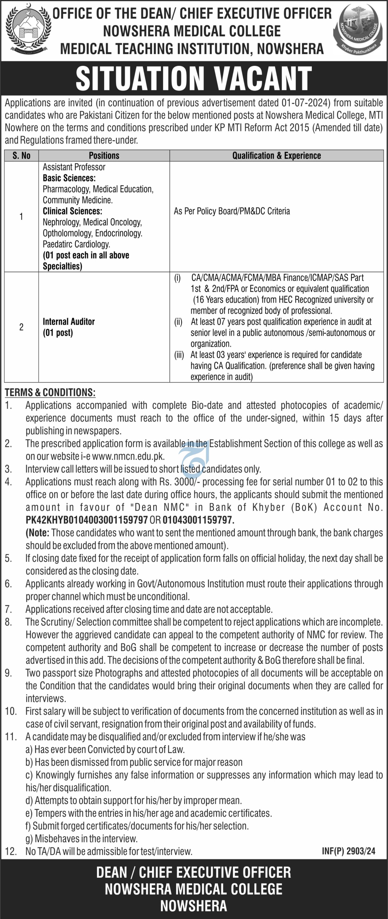 Nowshera Medical College Nowshera khyber Pakhtunkhwa Jobs – Medical Teaching Institution Nowshera Jobs 2024 — original advertisement
