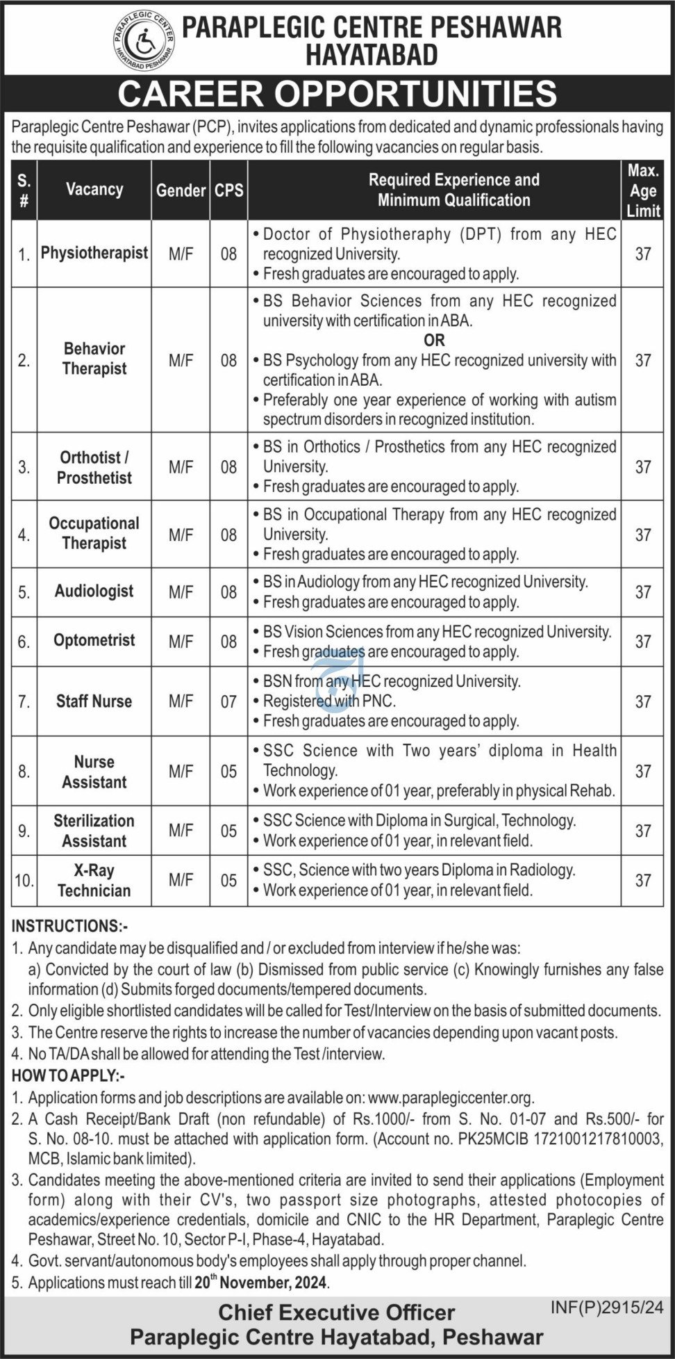 Paraplegic Centre Peshawar PCP Jobs 2024 – Govt College of Management Sciences Parachinar District Kurram KPK Jobs 2024 — original advertisement