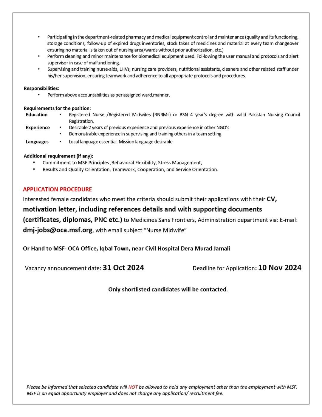 Medecins Sans Frontiers Dera Murad Jamali Jobs 2024 – Medecins Sans Frontières (MSF) Jobs 2024 — original advertisement