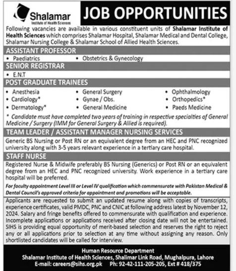 Shalamar Institute Of Health Sciences Jobs 2024 Jobs 2024 — original advertisement
