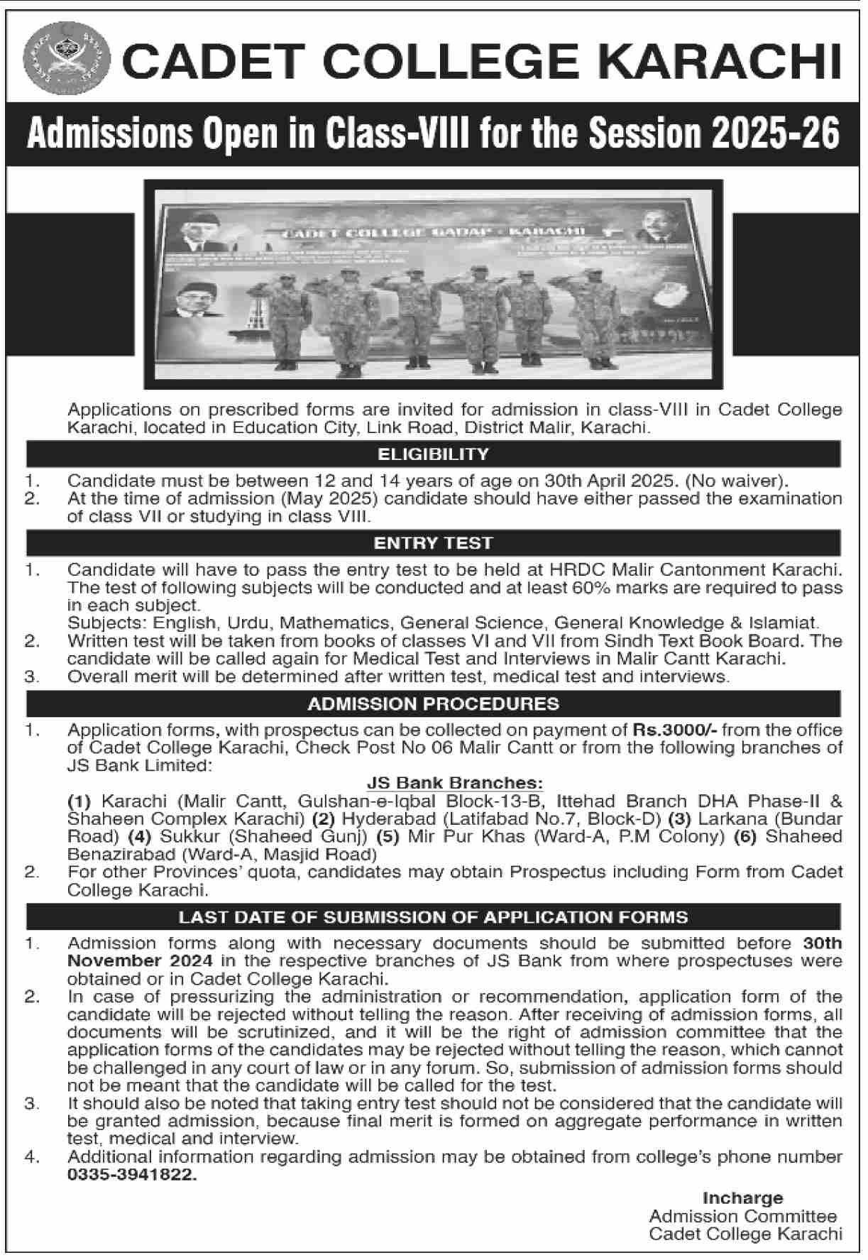 Admission Open in Cadet College Karachi 2025-26 – Hub Cadet College Karachi Admissions 2024 — original advertisement