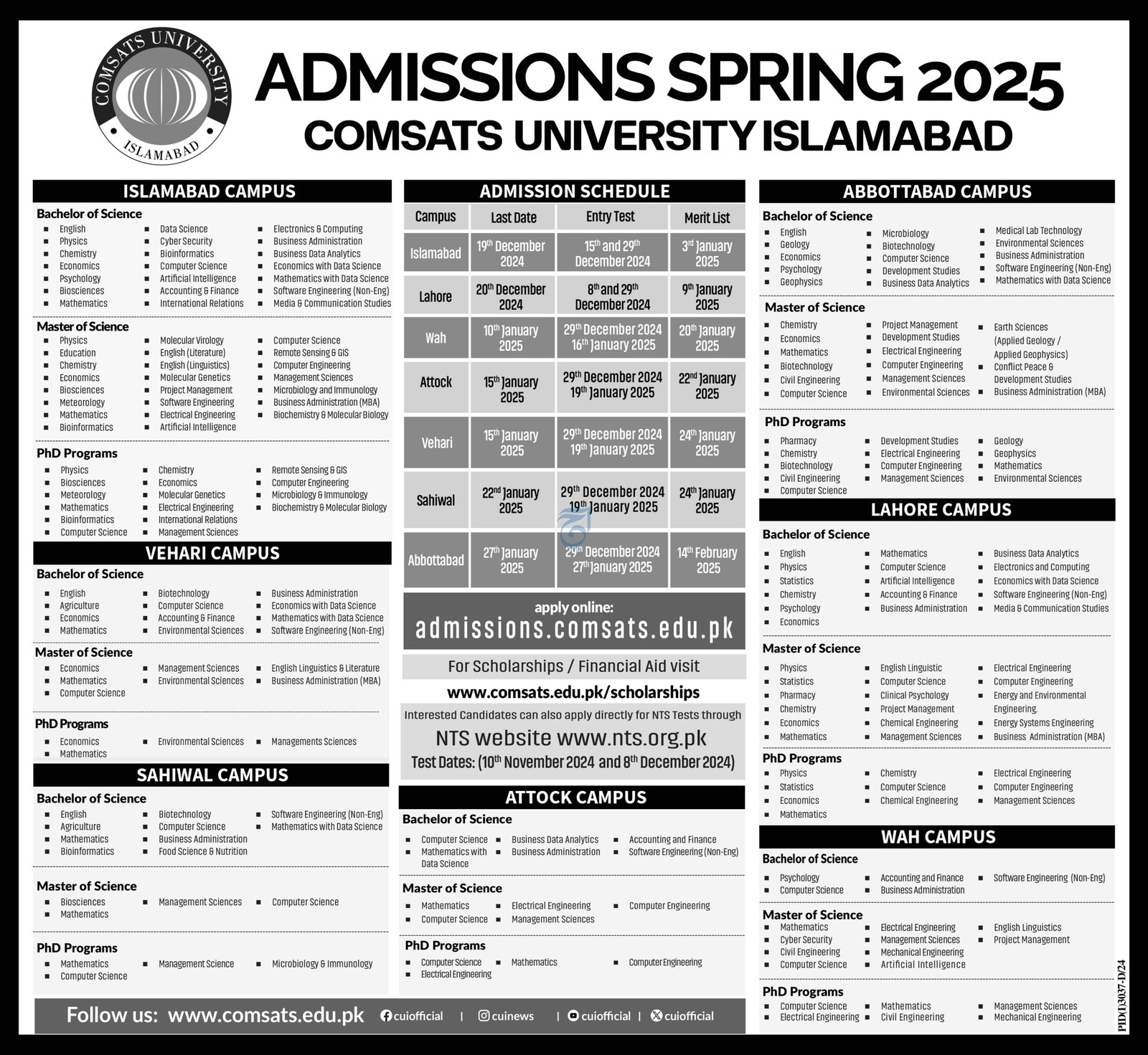 Admission Open in Comsats University Islamabad 2025 Admissions 2024 — original advertisement