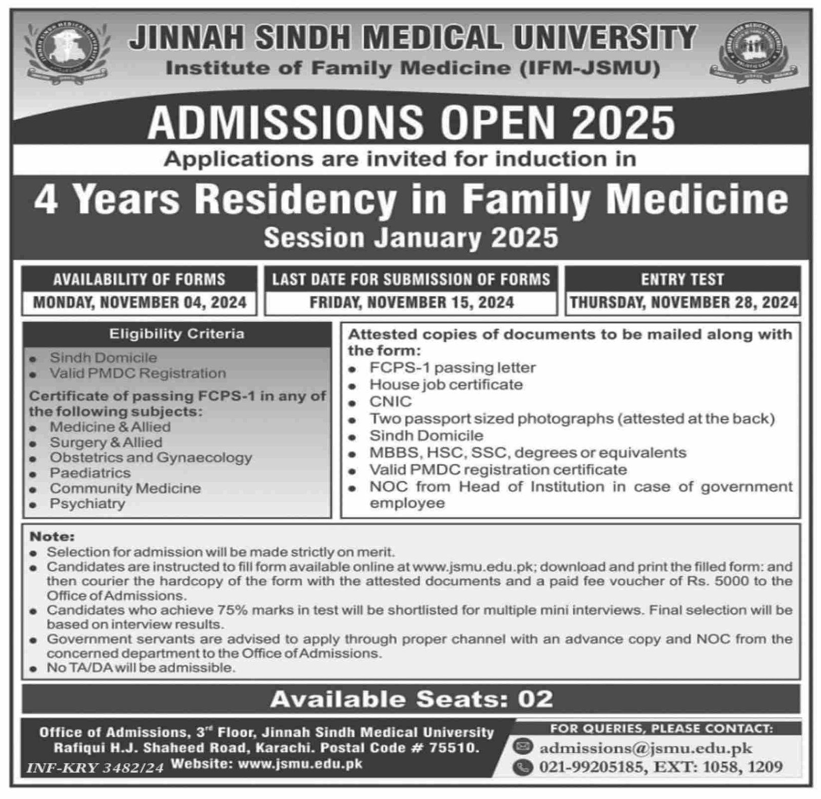 Admission Open in Jinnah Sindh Medical University 2025 – Jinnah Sindh Medical University Karachi Admissions 2024 — original advertisement