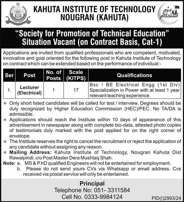 Kahuta Institute of Technology Nougran Kahuta Jobs 2024 – Kahuta Institute of Technology (KIT) Nougram Islamabad Jobs 2024 — original advertisement
