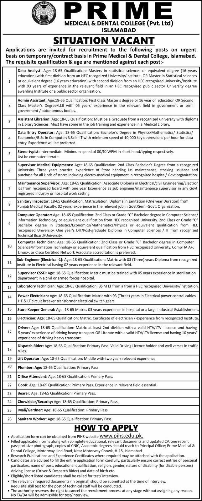 Prime Medical and Dental College Pvt Limited Jobs 2024 – Prime Medical College Islamabad Jobs 2024 — original advertisement