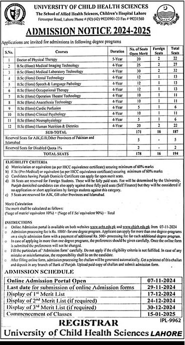 Admission Open in University of Child Health Sciences 2024 – University of Child Health Sciences, Lahore Admissions 2024 — original advertisement
