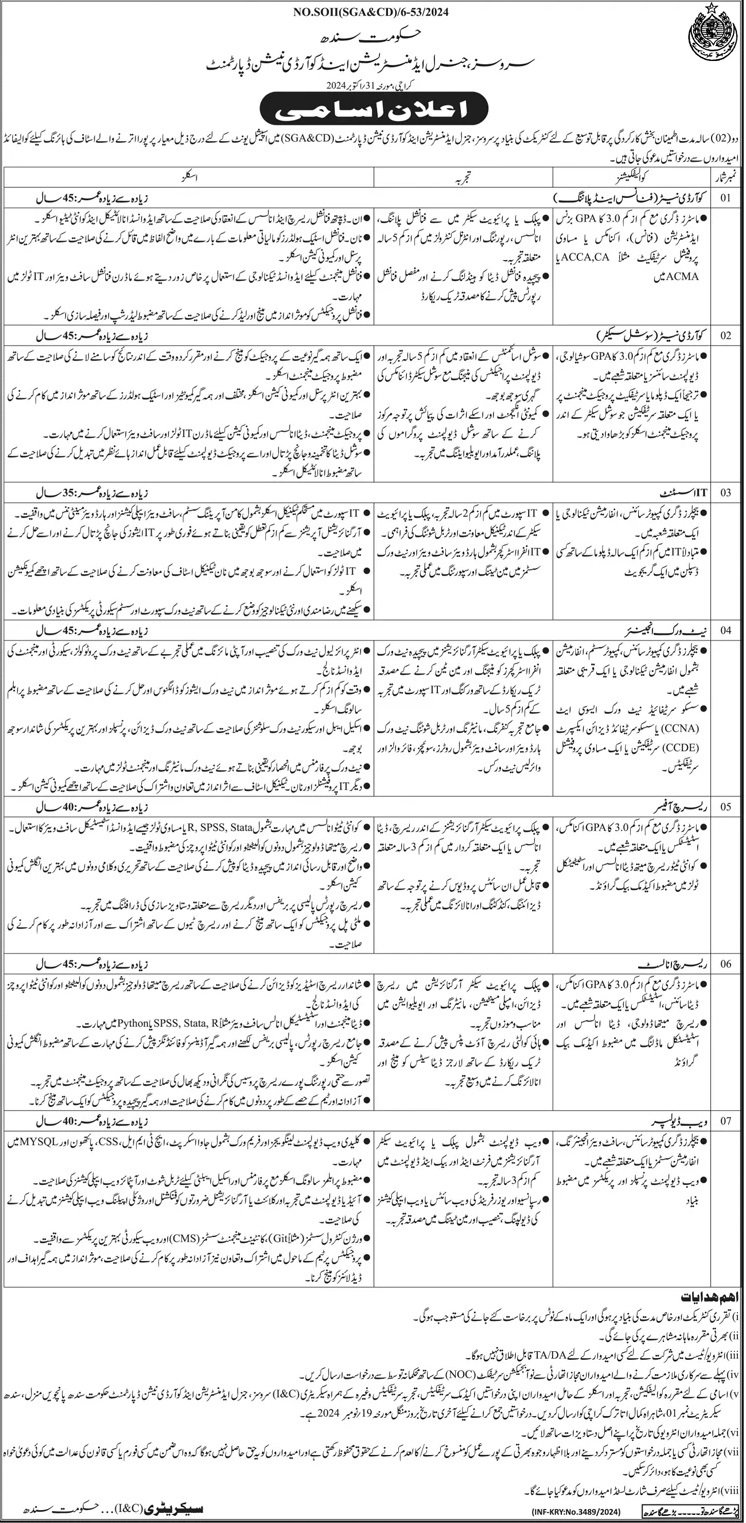 Services And General Administration Department Jobs 2024 – Govt of Sindh Jobs 2024 — original advertisement