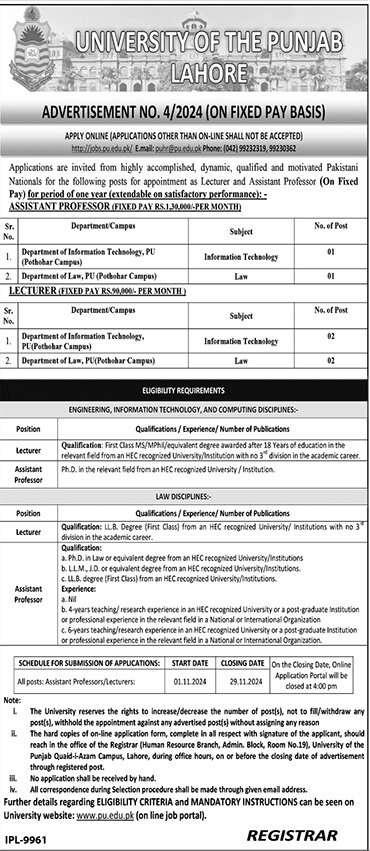 University Of The Punjab Lahore Jobs 2024 – University of Punjab Jobs 2024 — original advertisement
