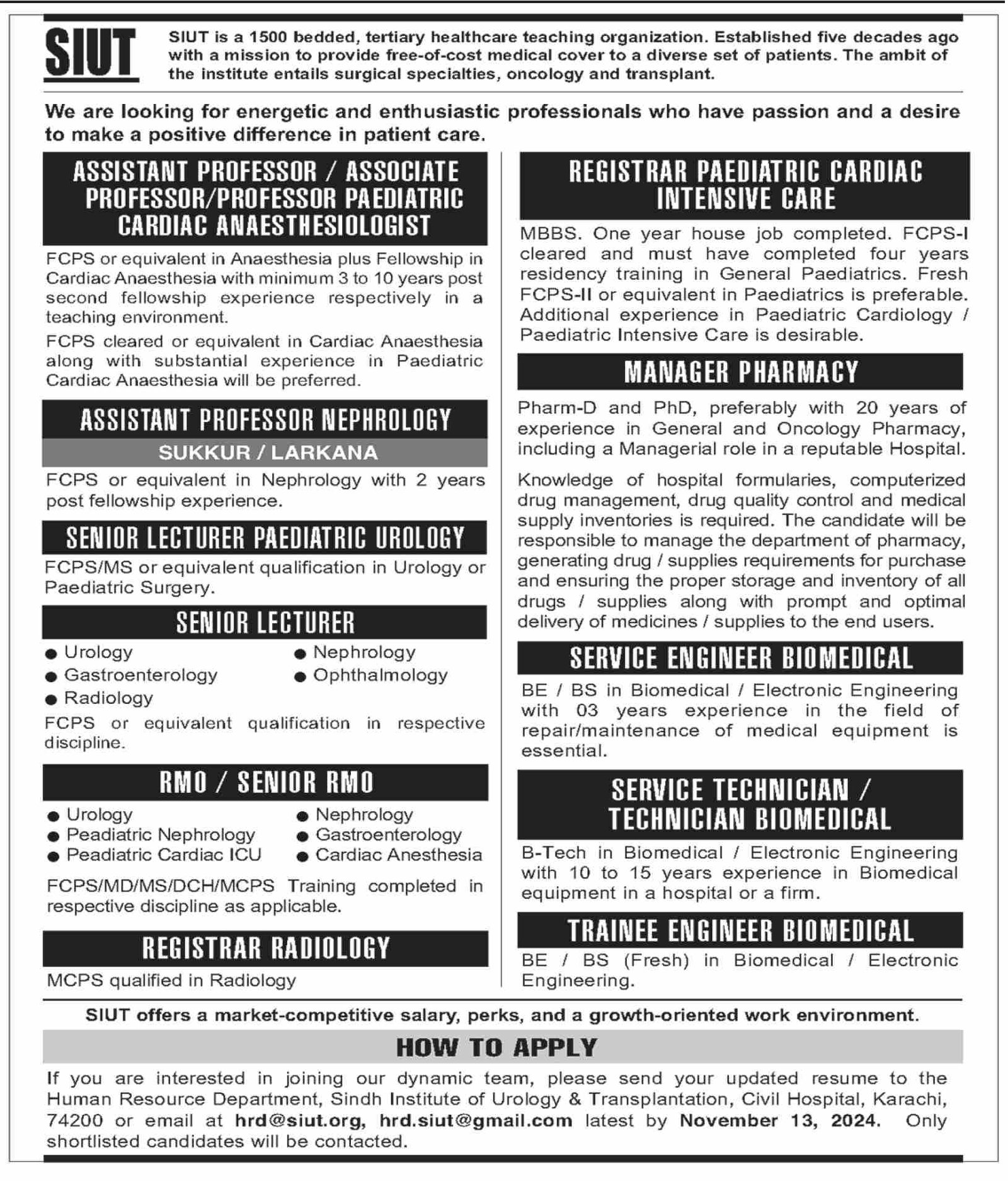 Sindh Institute Of Urology & Transplantation SIUT Jobs 2024 – Sindh Institute of Urology and Transplantation SIUT Karachi Jobs 2024 — original advertisement