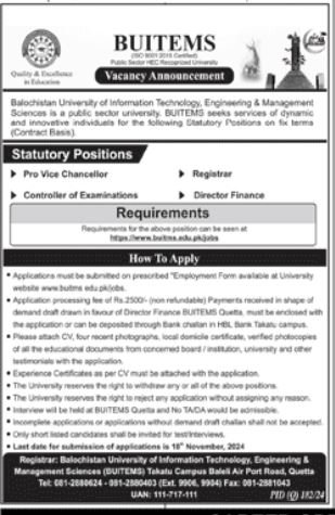 BUITEMS University Quetta Jobs 2024 – Balochistan University of Information Technology & Management Science Quetta Jobs 2024 — original advertisement