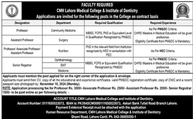 CMH Lahore Medical College Jobs 2024 Jobs 2024 — original advertisement