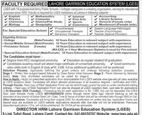 Lahore Garrison Education System LGES Jobs 2024 – Lahore Garrison University Jobs 2024 — original advertisement
