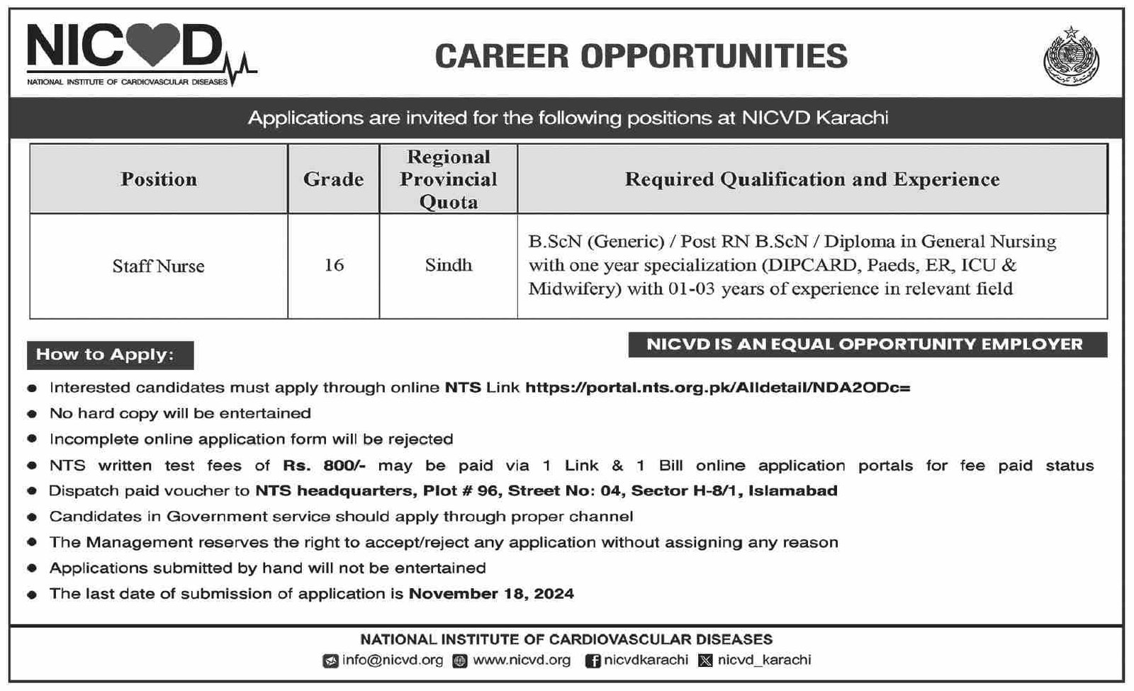 National Institute Of Cardiovascular Diseases Jobs 2024 – National Institute of Cardiovascular Diseases (NICVD) Sindh Karachi Jobs 2024 — original advertisement