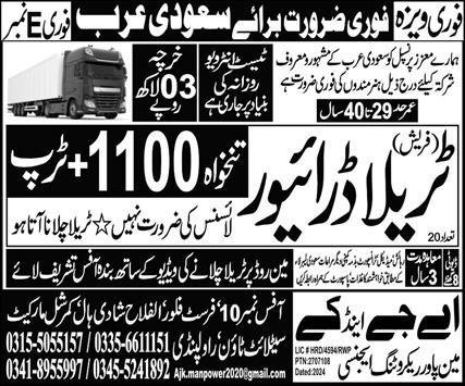 Tralla Driver Jobs In Saudi Arabia 2024 – AJ&K Manpower Recruiting Agency Jobs 2024 — original advertisement