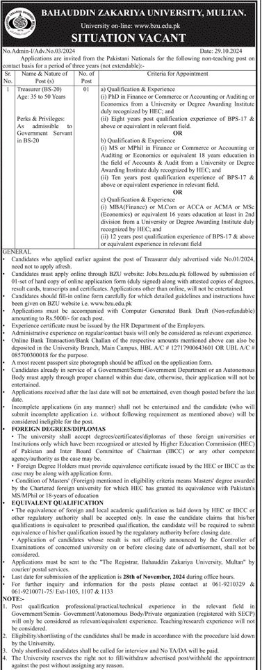Bahauddin Zakariya University Multan Jobs 2024 Jobs 2024 — original advertisement