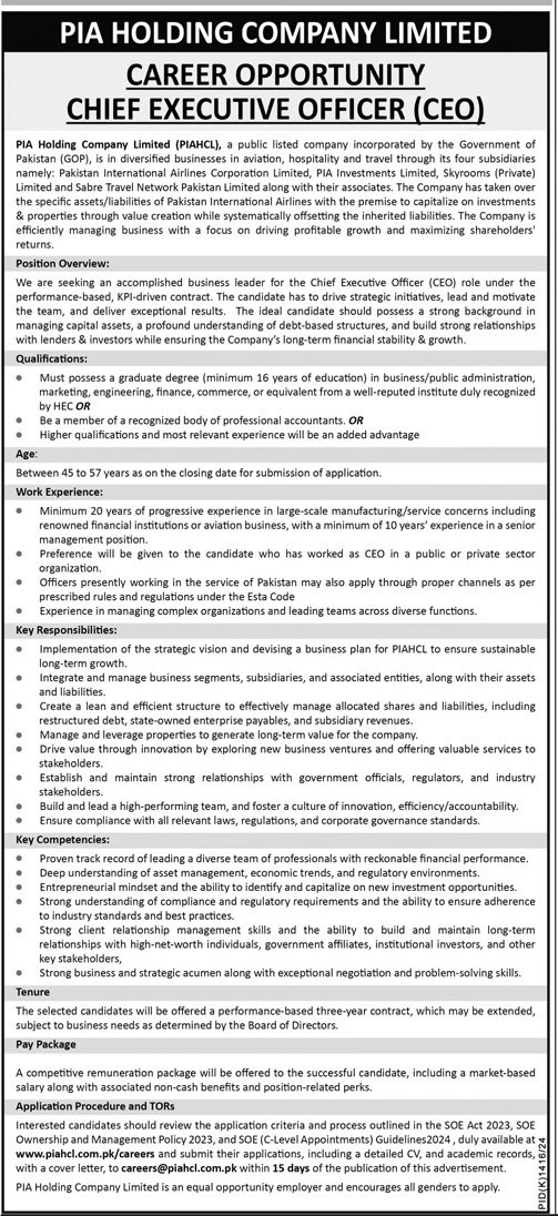 Pia Holding Company Limited Piahcl Jobs 2024 – Pakistan International Airlines PIA Jobs 2024 — original advertisement