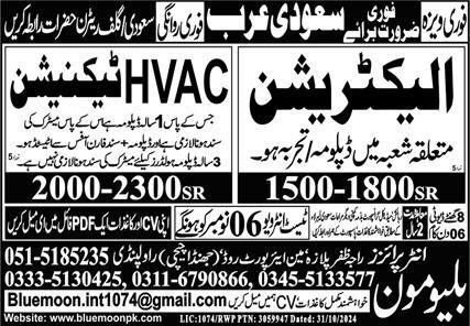 Electrician And Havc Technician Jobs in Saudia Arabia 2024 – Blue Moon Enterprises Jobs 2024 — original advertisement
