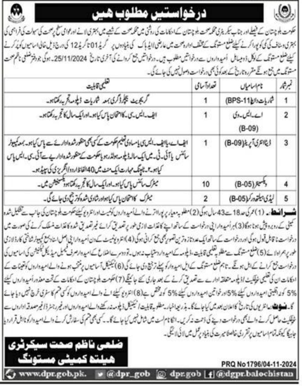 Health Department Mastung Jobs 2024 – Health Department Balochsitan Jobs 2024 — original advertisement