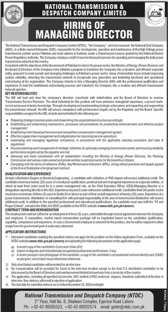 National Transmission & Despatch Company Jobs 2024 – National Transmission & Despatch Company NTDC Jobs 2024 — original advertisement