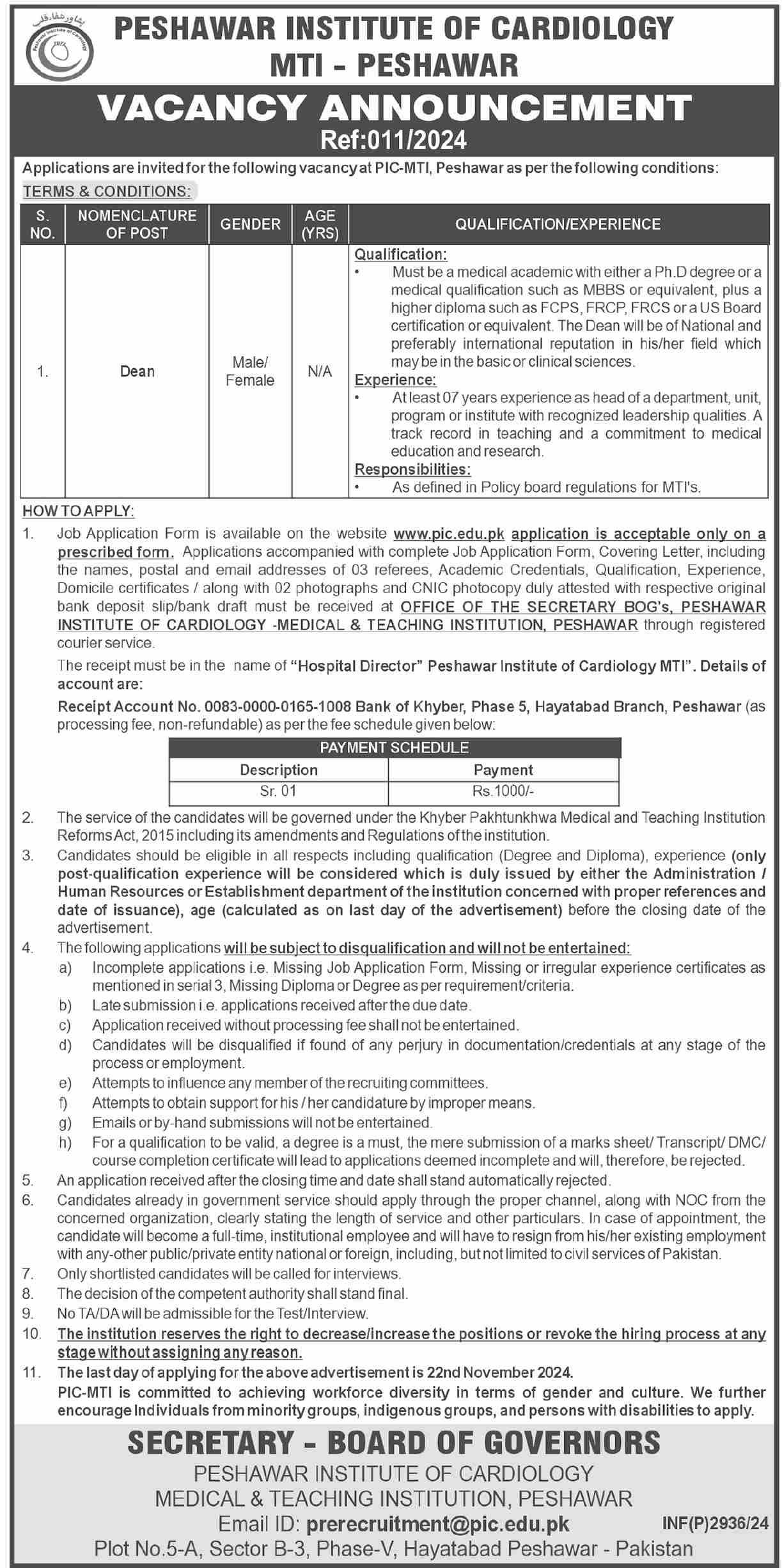 Peshawar Institute Of Cardiology PIC Jobs 2024 Jobs 2024 — original advertisement