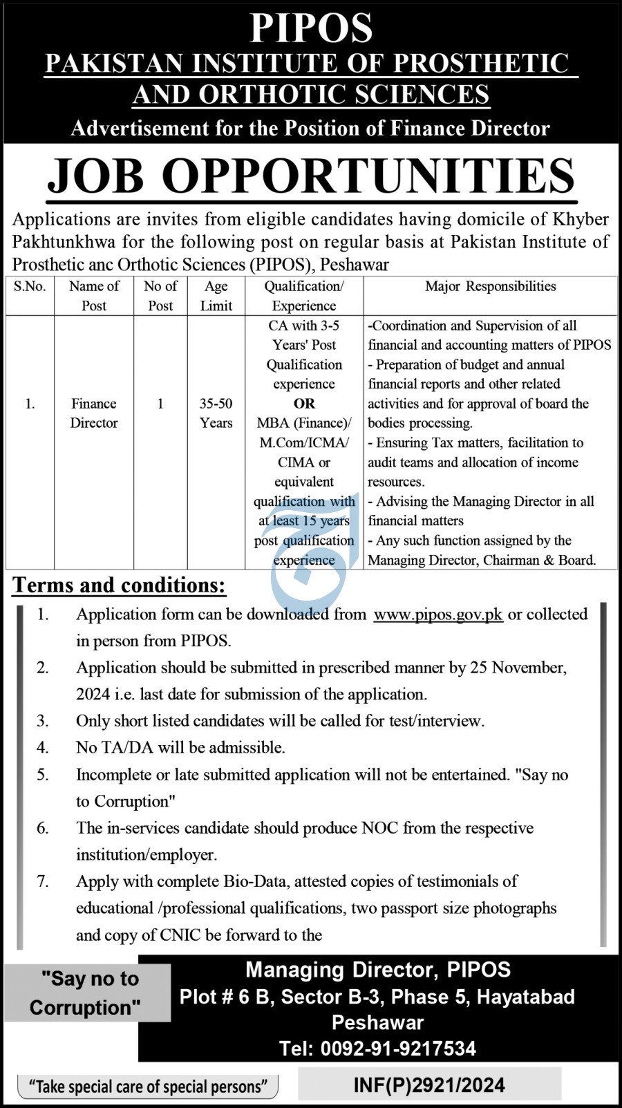 Pakistan Institute Of Prosthetic & Orthotic Jobs 2024 – Pakistan Institute of Prosthetic and Orthotic Sciences Peshawar Jobs 2024 — original advertisement