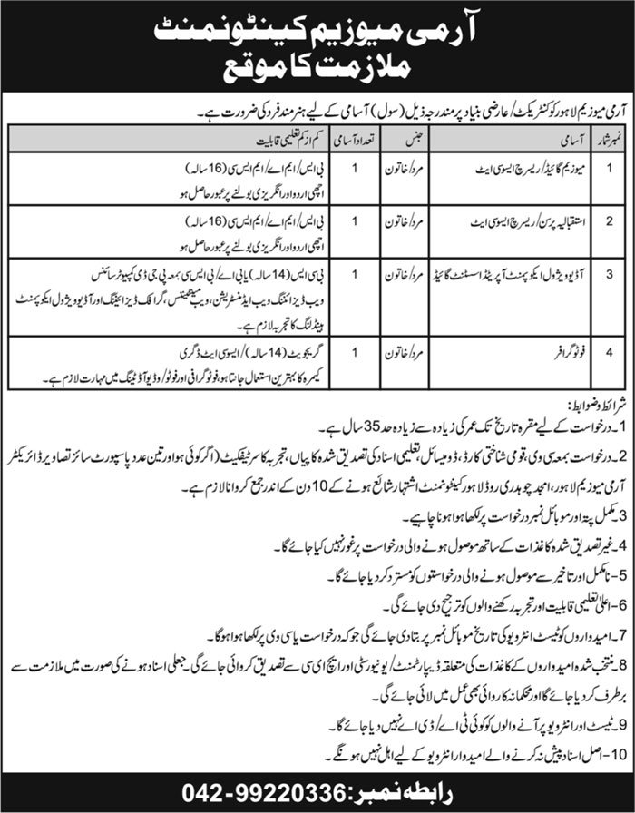 Army Museum Cantonment Lahore Jobs 2024 – Pakistan Army Jobs 2024 — original advertisement