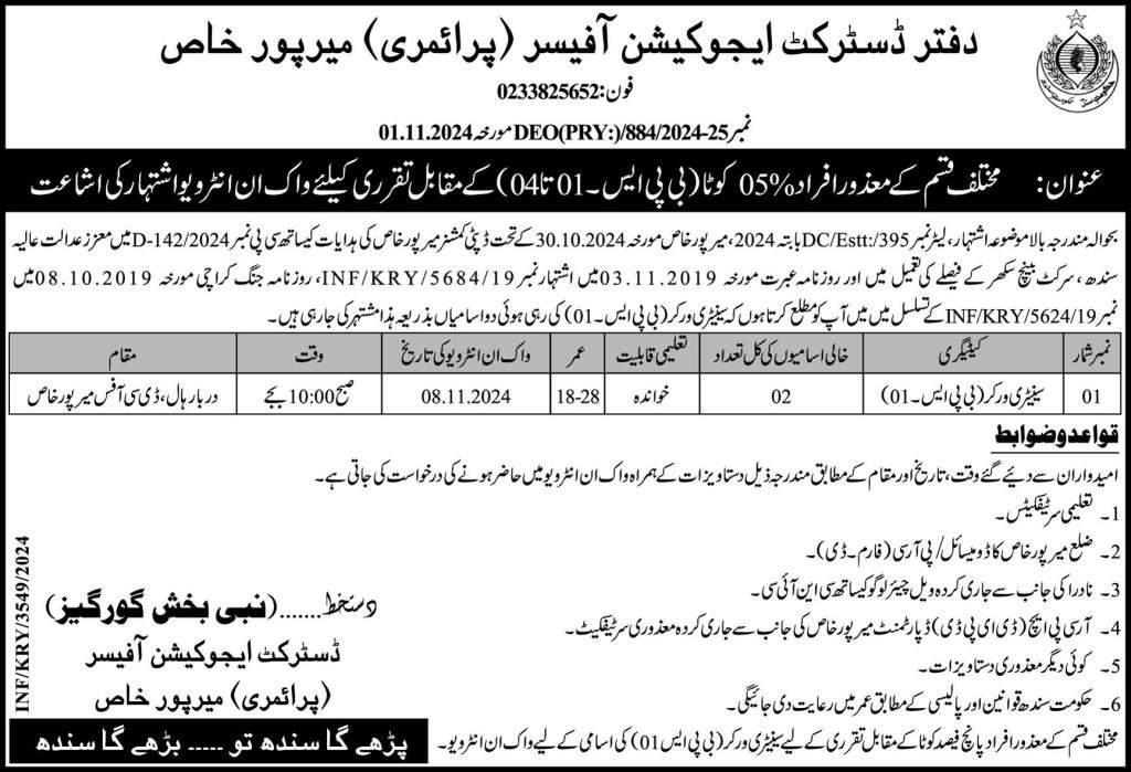District Education Officer Mirpur Khas Job 2024 – Elementary & Secondary Education AJK Jobs 2024 — original advertisement