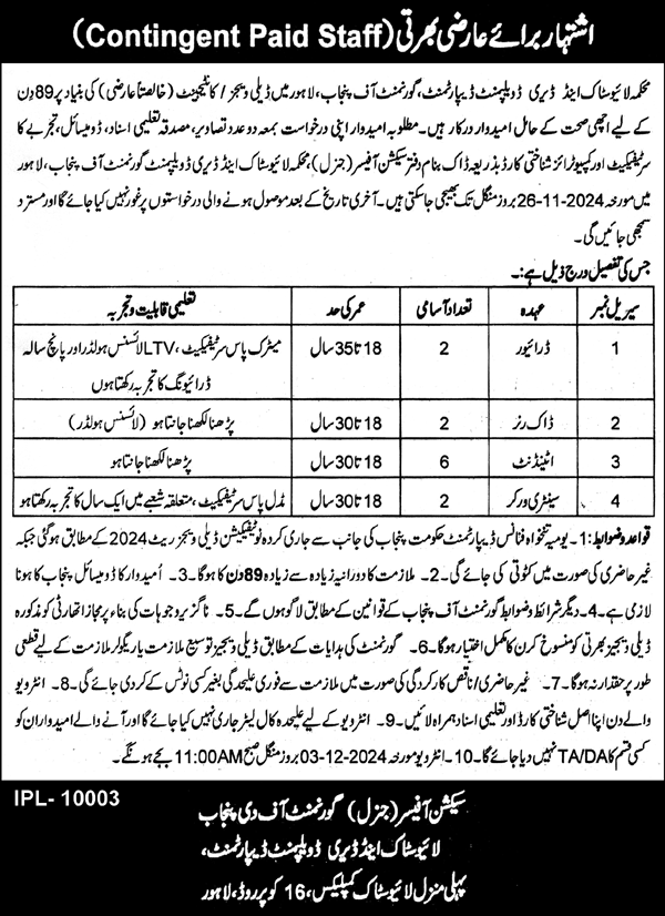Live Stock And Dairy Development Lahore Jobs 2024 – Livestock and Dairy Development Department Punjab Jobs 2024 — original advertisement