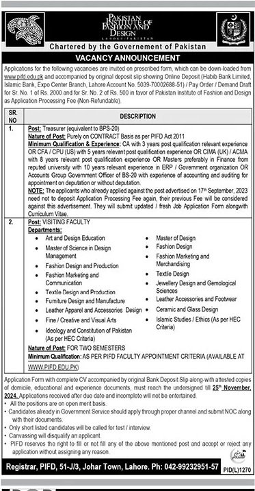 Pakistan Institute Of Fashion & Design Lahore Jobs 2024 – Pakistan Institute of Fashion and Design PIFD Lahore Jobs 2024 — original advertisement
