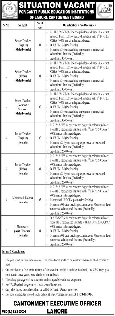 Cantt Public Education Institutions of Lahore Jobs 2024 – Cantonment Board Jobs 2024 — original advertisement