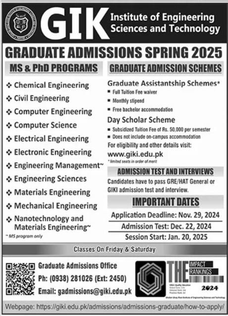 Admission Open in Gik Institute of Engineering Sciences – Ghulam Ishaq Khan GIK Institute of Engineering Sciences and Technology Swabi Admissions 2024 — original advertisement