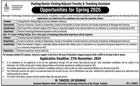 Information Technology University ITU Lahore Jobs 2024 – Information Technology University of the Punjab Lahore Jobs 2024 — original advertisement