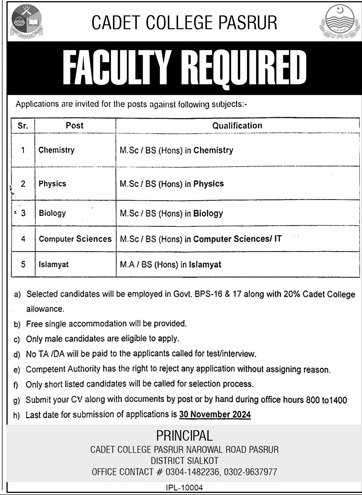 Cadet College Pasrur Punjab Jobs 2024 Jobs 2024 — original advertisement