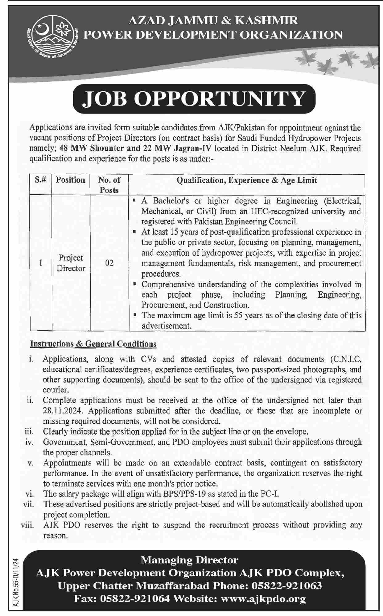 AJK Power Development Organization Job 2024 – Azad Jammu and Kashmir Power Development Organization PDO Muzaffarabad Jobs 2024 — original advertisement