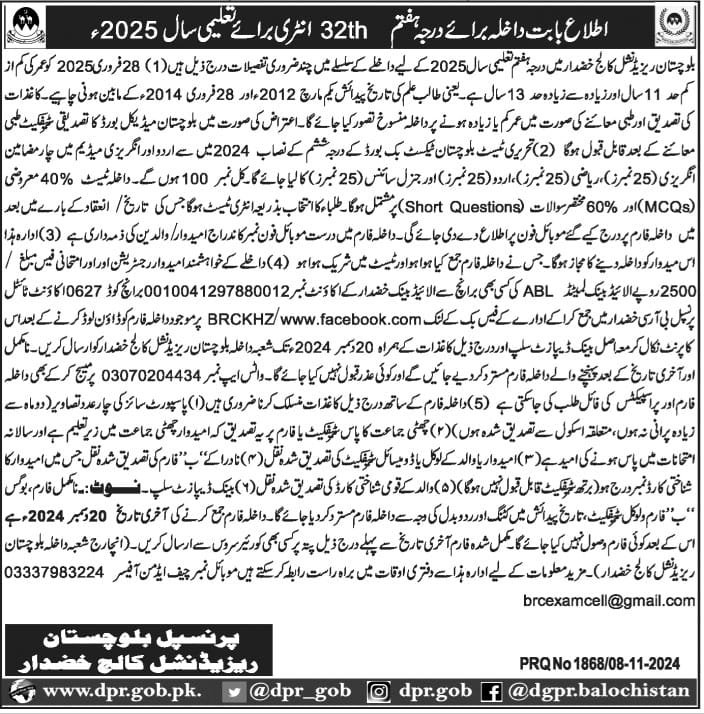 Admission in Balochistan Residential College Khuzdar 2025 – Balochistan Residential College (BRC) Khuzdar Balochistan Admissions 2024 — original advertisement