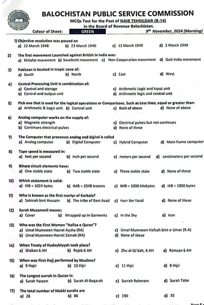 MCQs Paper Naib Tehsildar BPSC 2024 – Balochistan Public Service Commission Quetta Balochsitan Jobs 2024 — original advertisement