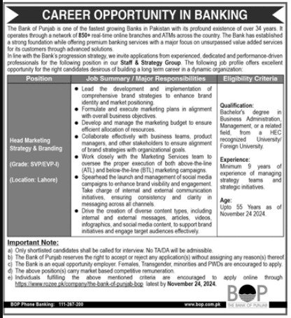 The Bank Of Punjab BOP Jobs 2024 Jobs 2024 — original advertisement