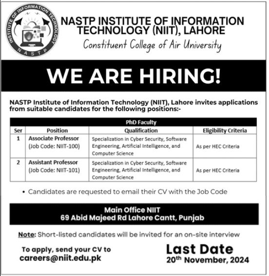 NASTP Institute Of Information Technology Jobs 2024 – National Aerospace Science & Technology Park NASTP Jobs 2024 — original advertisement
