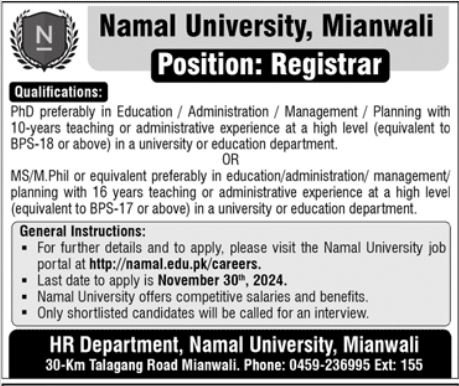 Namal University Mianwali Jobs 2024 Jobs 2024 — original advertisement