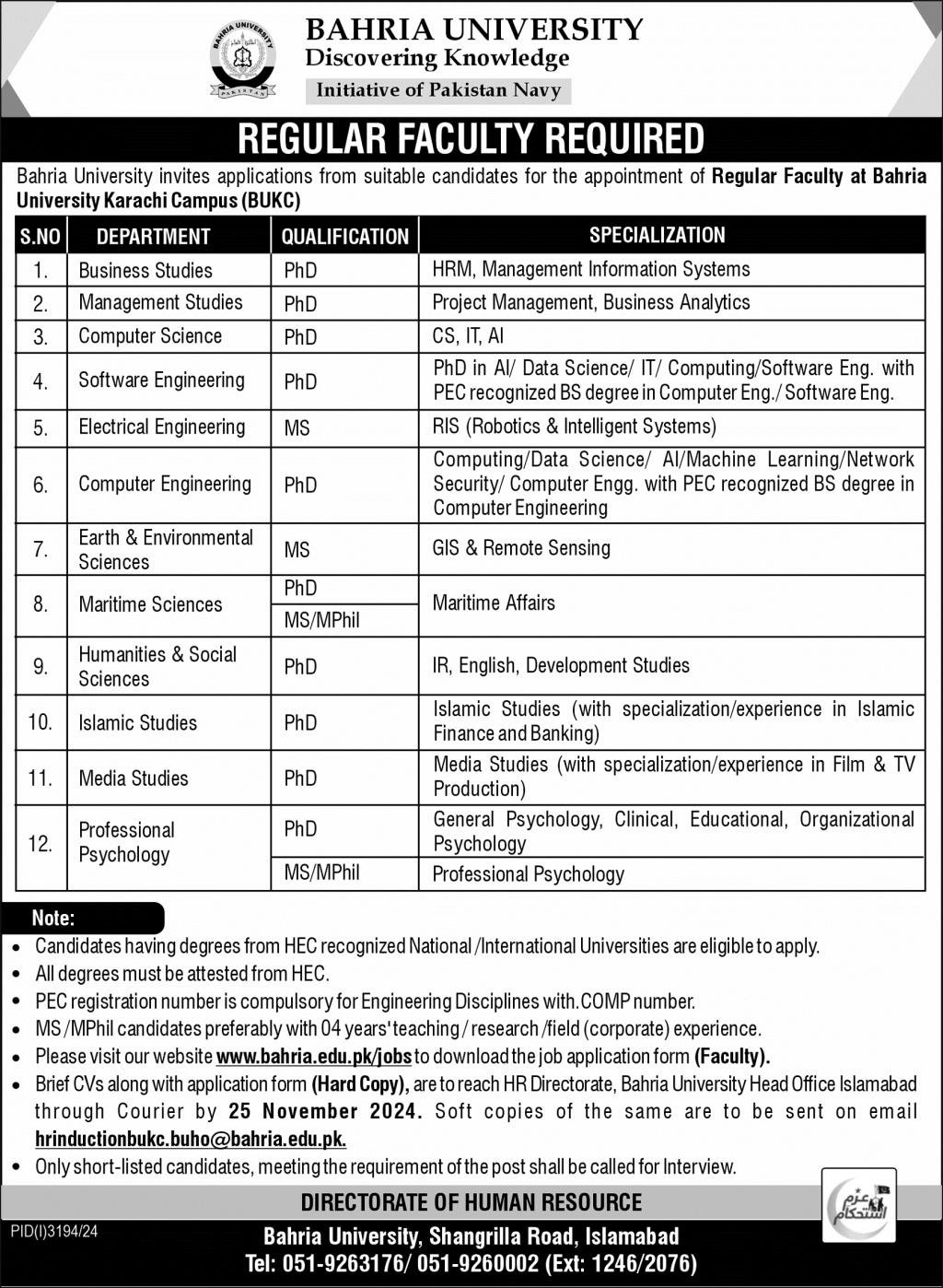 Bahria University Islamabad Jobs 2024 Jobs 2024 — original advertisement