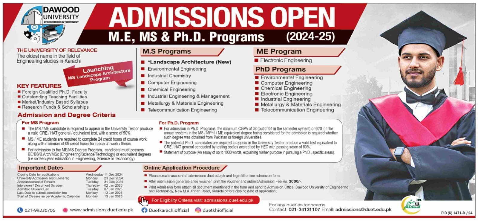 Admission Open in Dawood University Karachi 2025 – Dawood University of Engineering and Technology Karachi Admissions 2024 — original advertisement