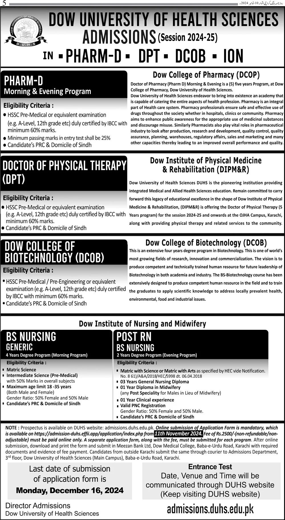 Admission Open in Dow university of Health Sciences 2024-202 – Dow University of Health Sciences Karachi Admissions 2024 — original advertisement