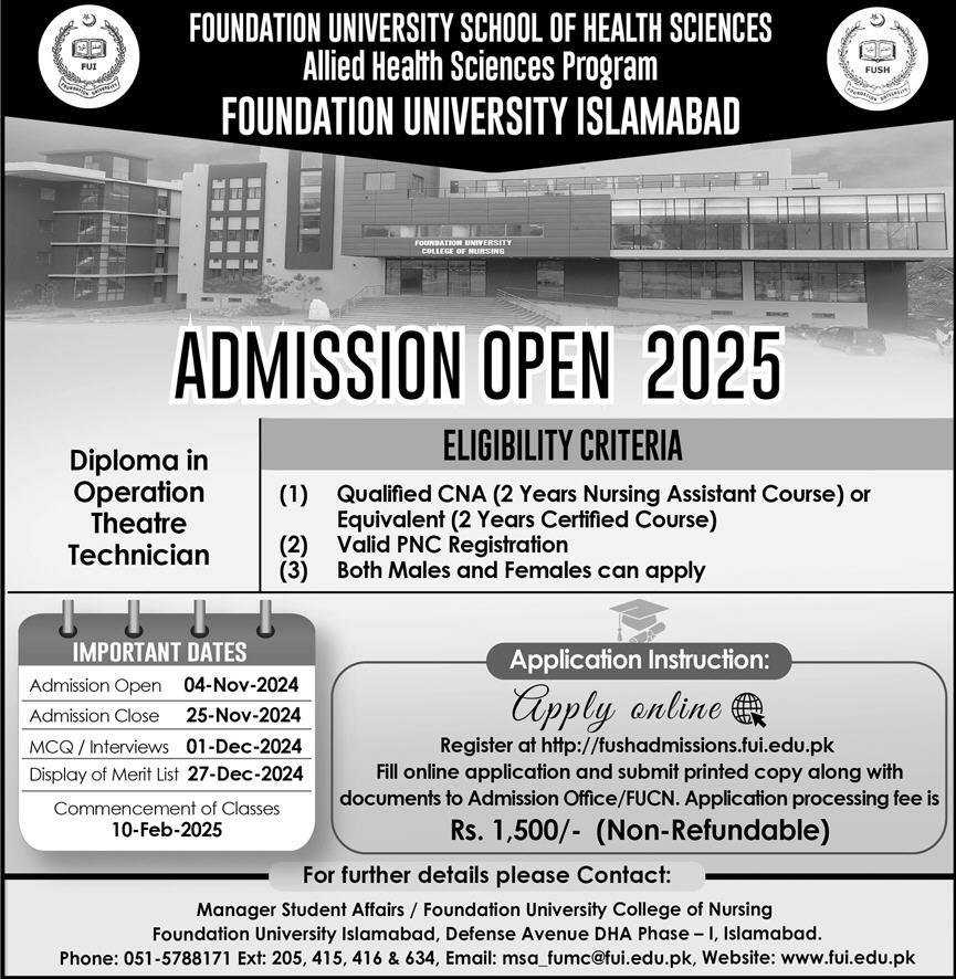 Admission Open in Foundation University Islamabad 2025 Admissions 2024 — original advertisement