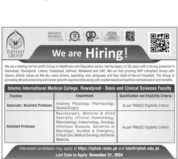 Riphah Group Lahore Punjab Jobs 2024 – Riphah International University Jobs 2024 — original advertisement