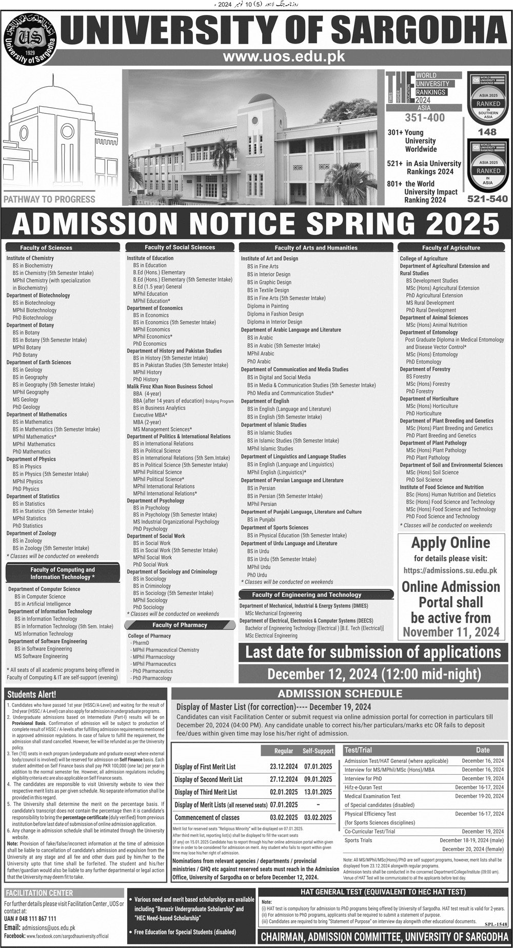 Admission Open in University of Sargodha Punjab 2025 Admissions 2024 — original advertisement